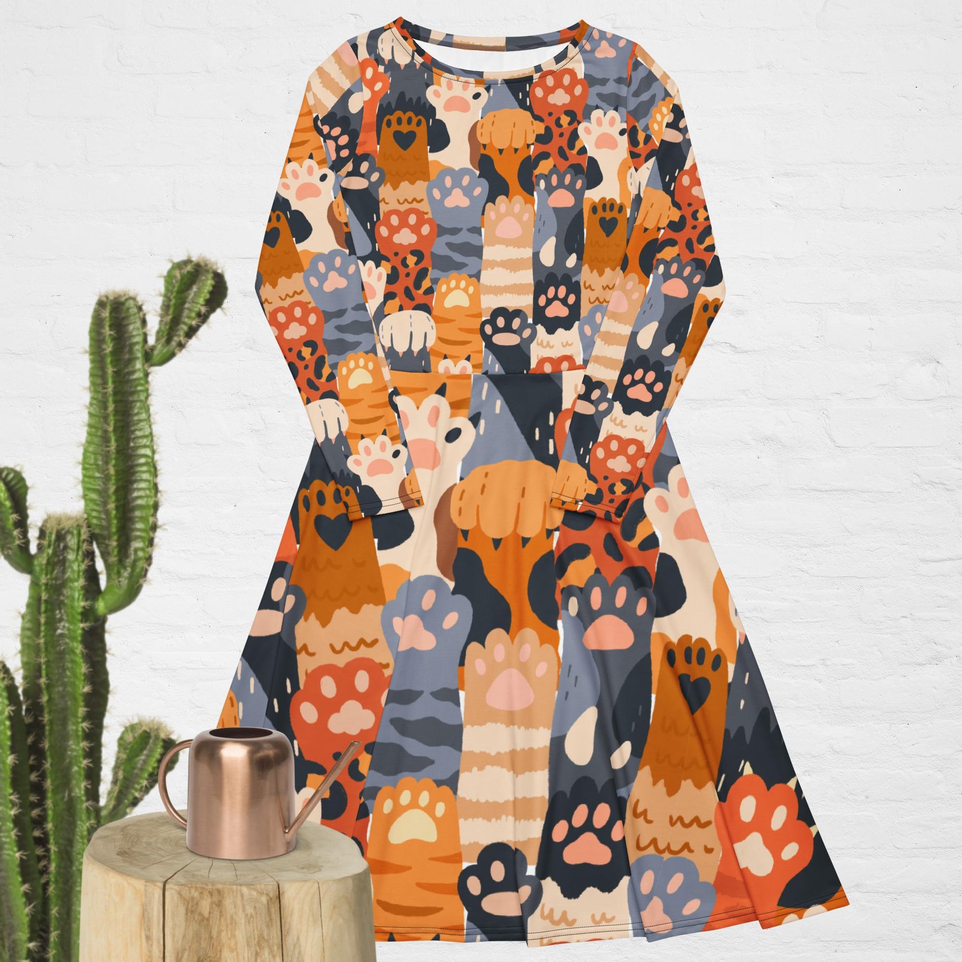 Cat Paws Pattern long sleeve midi dress - Modeve